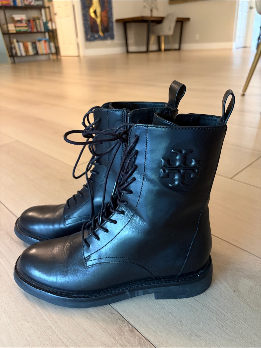 Tory Burch Black Leather Lace-Up Combat Boots with Logo